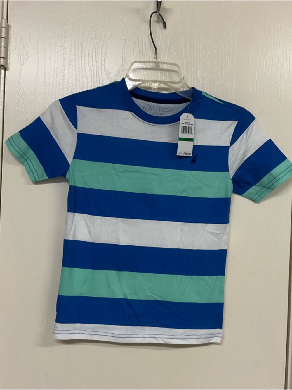 🌺$3.00 final price-Nautica Blue, Mint & White Wide-Stripe Short Sleeve Tee